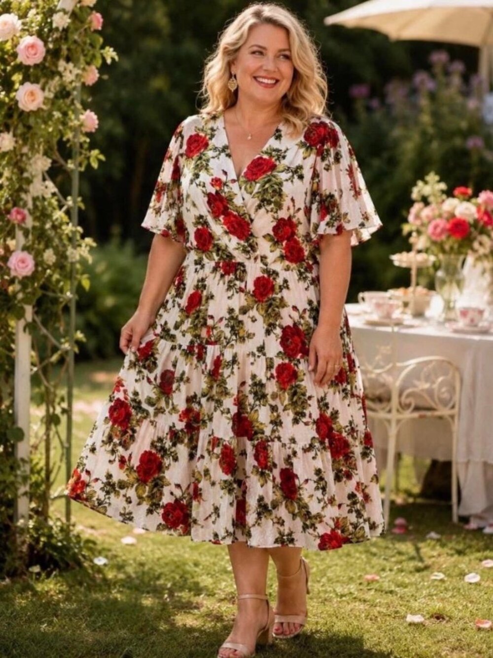 New! JESSAKAE Isabella Midi Dress 4X Womans Plus Ivory Red Floral Velvet Tiered